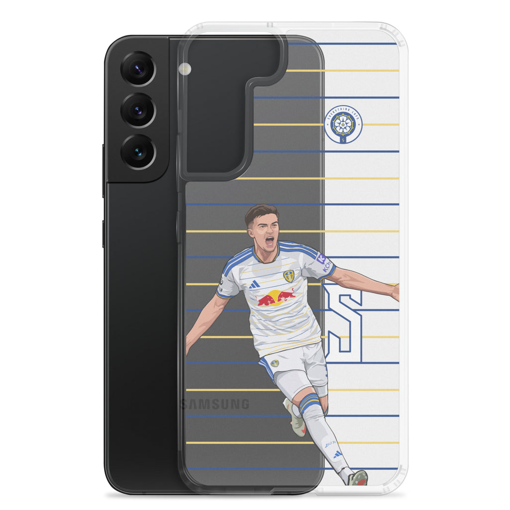 Samsung® clear phone case rear view with player graphic and blue yellow stripe pattern