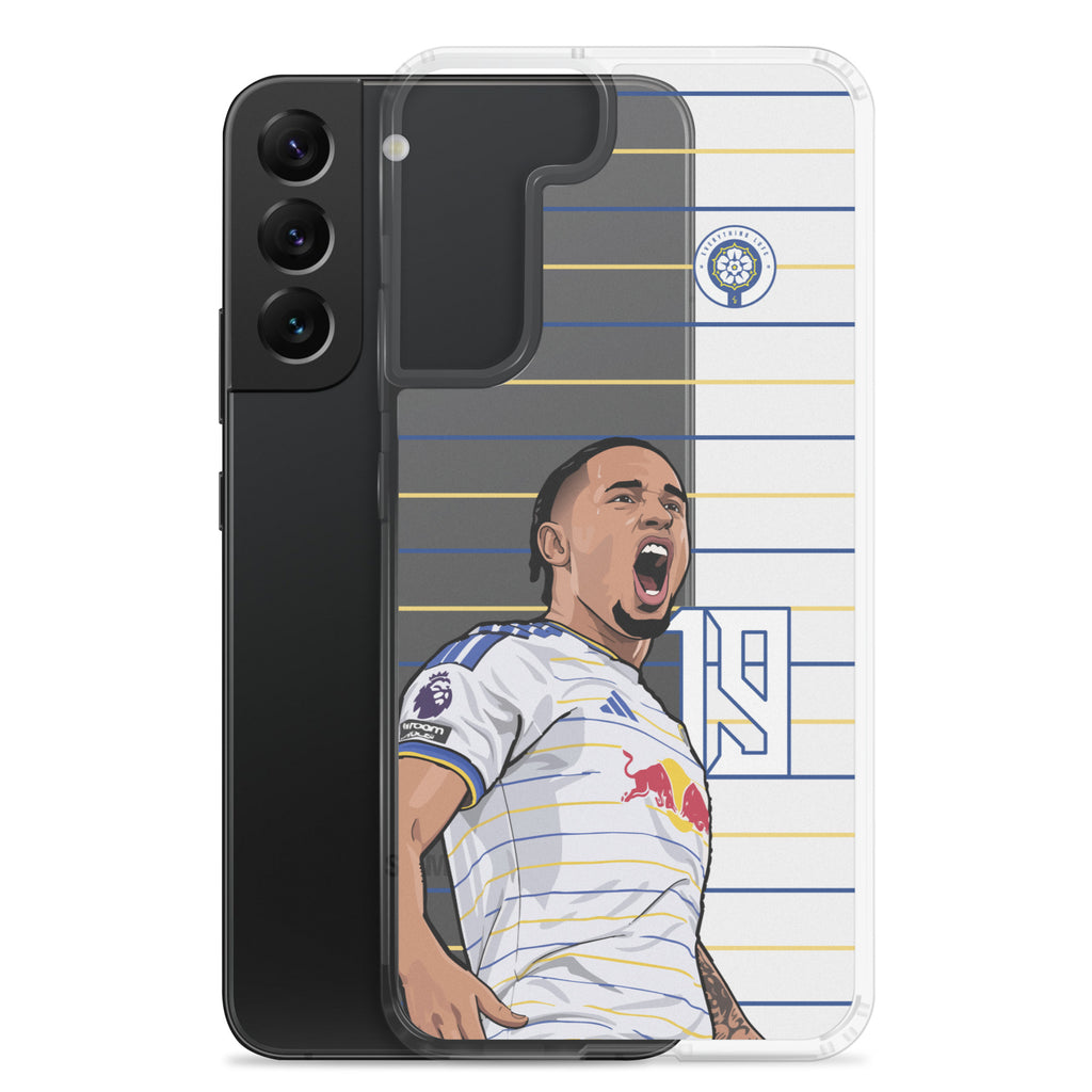 Clear phone case back view with soccer player celebration graphic and team crest