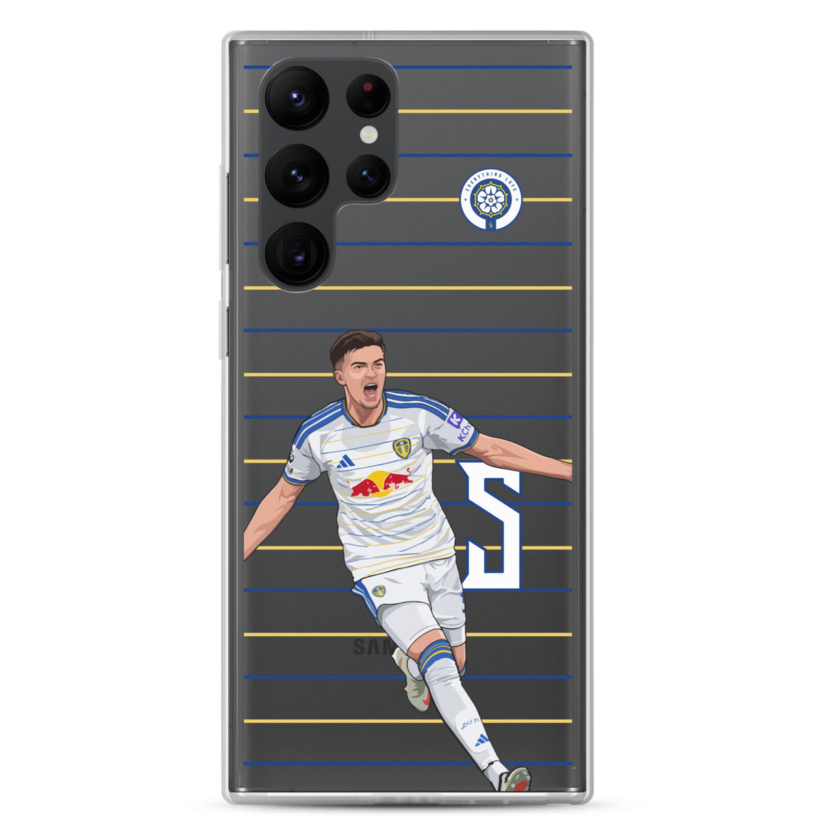 Samsung® clear phone case front with player artwork, club crest, and blue yellow stripes