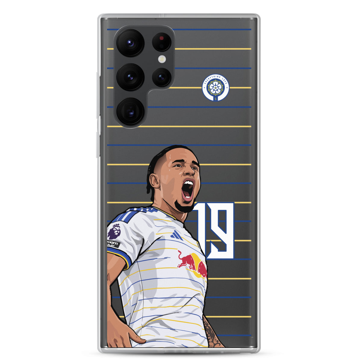 Clear phone case with soccer player celebration design, blue and yellow horizontal lines