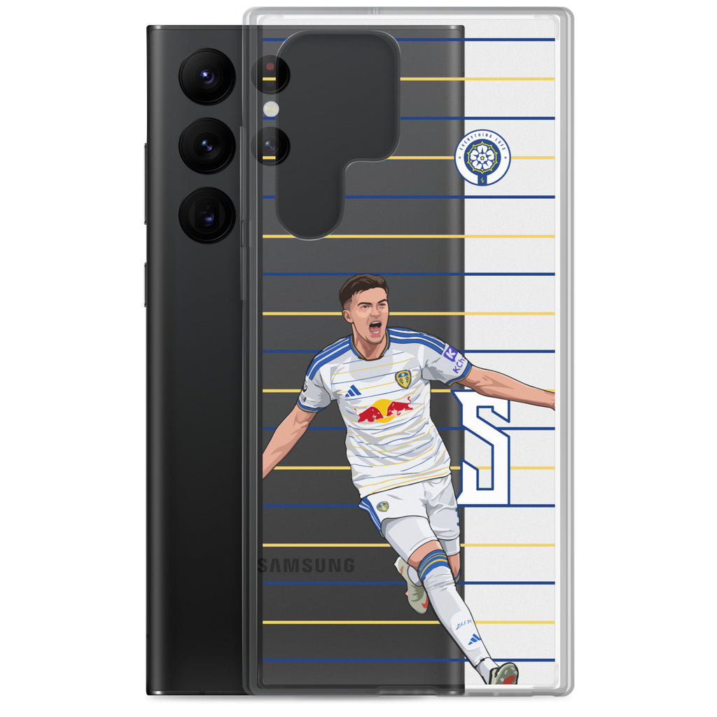 Samsung® clear phone case angled view showing back and front graphic with stripe design