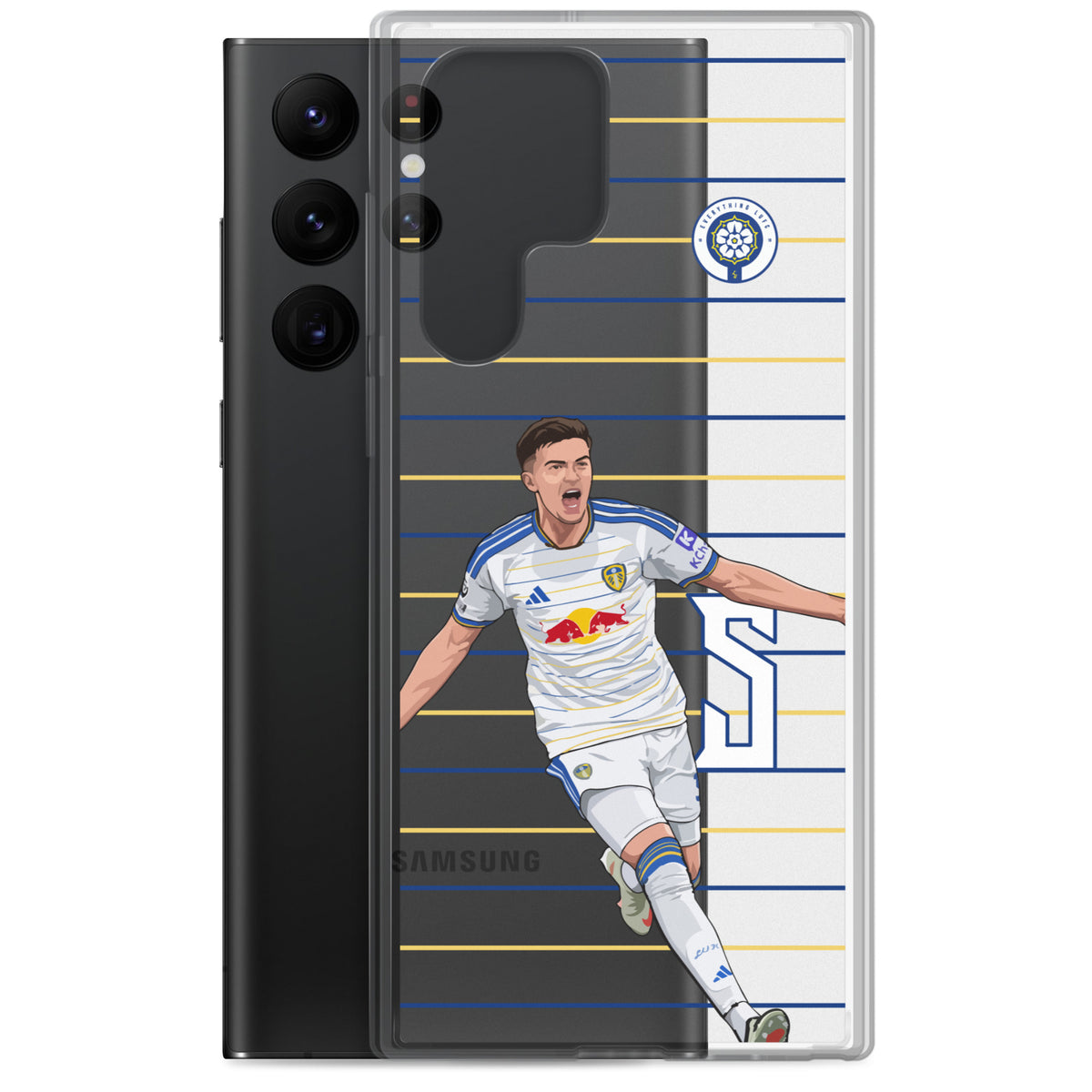Samsung® clear phone case angled view showing back and front graphic with stripe design