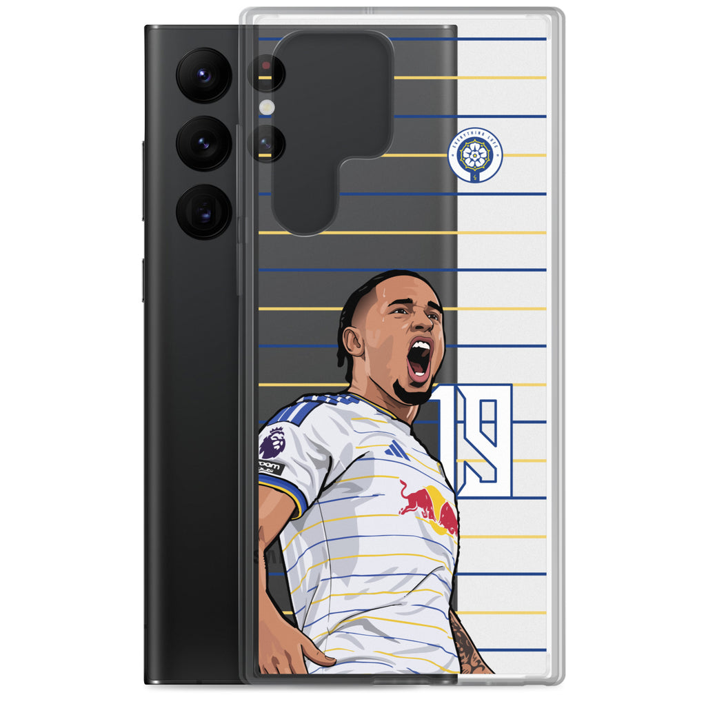 Clear phone case with back and side showing soccer player celebration art and team crest