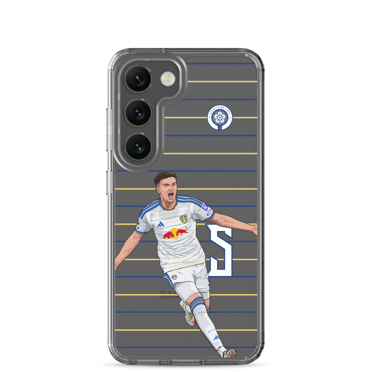 Transparent Samsung phone case with Leeds player graphic on blue and yellow stripe design with crest