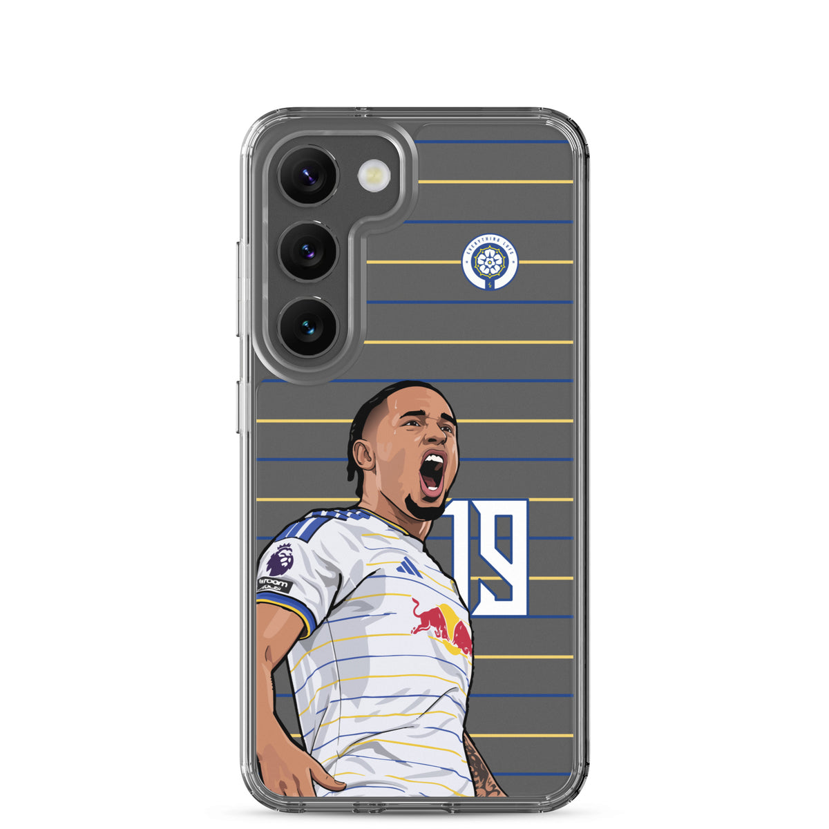 Clear Samsung phone case with Leeds United No. 19 player celebration design