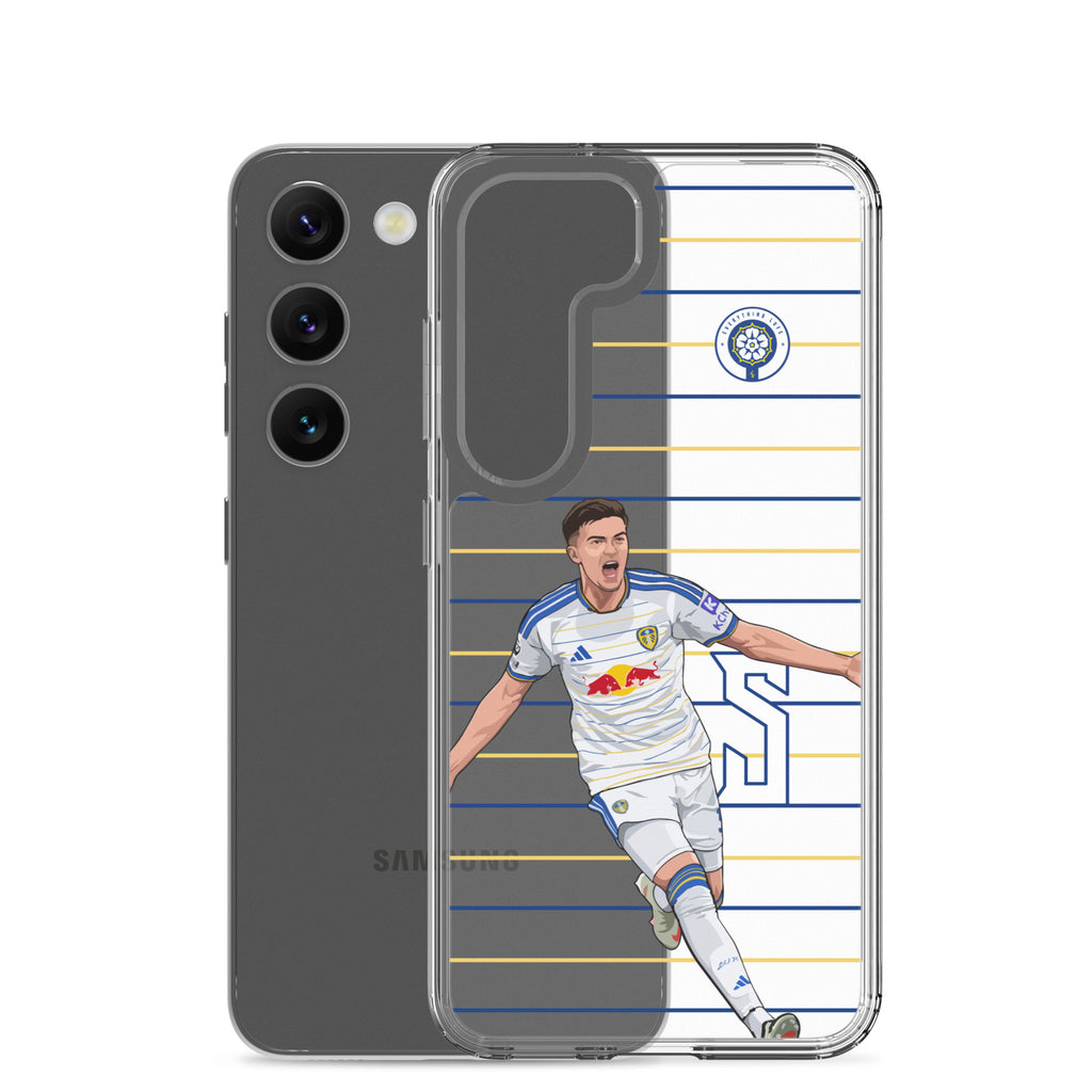 Transparent Samsung phone case with back phone visible and Leeds player graphic on blue and yellow stripes