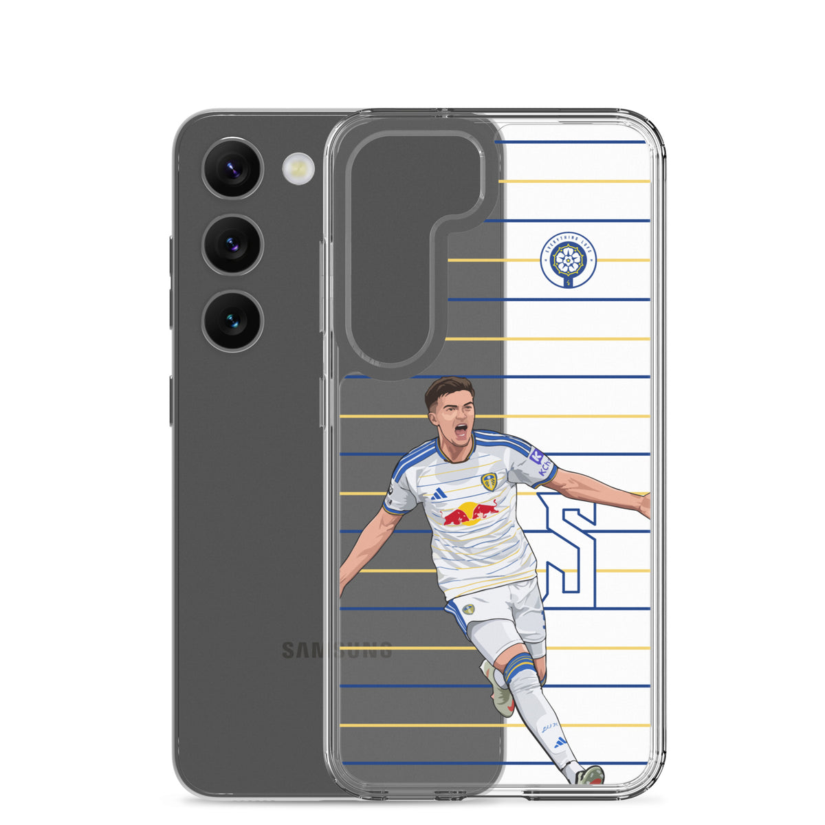 Transparent Samsung phone case with back phone visible and Leeds player graphic on blue and yellow stripes