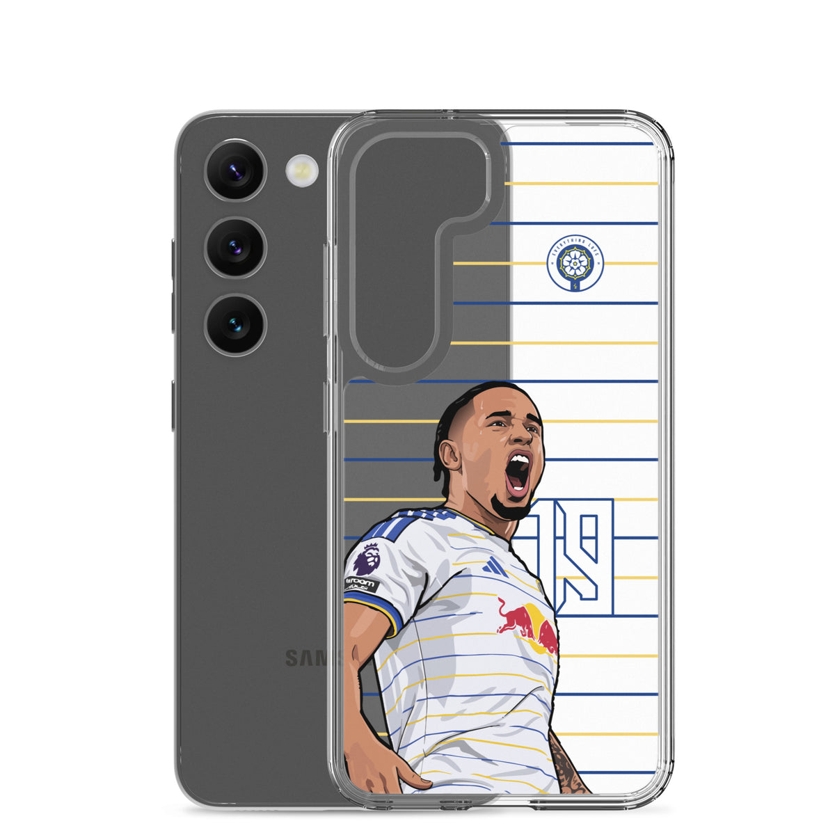 Clear Samsung phone case with Leeds United No. 19 player graphic; side and back view