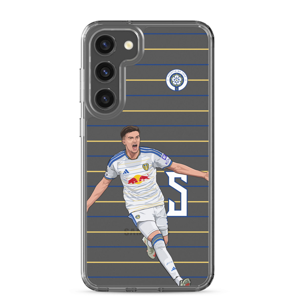 Transparent Samsung phone case with Leeds player graphic and crest on blue and yellow stripe background