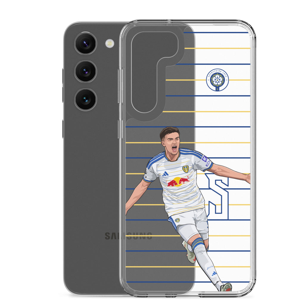 Transparent Samsung phone case with back camera cutout and Leeds player graphic on blue and yellow stripes