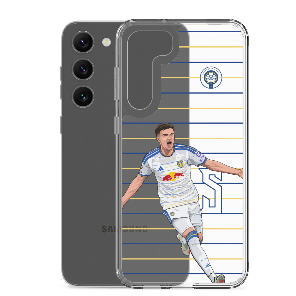 Transparent Samsung phone case with back camera cutout and Leeds player graphic on blue and yellow stripes