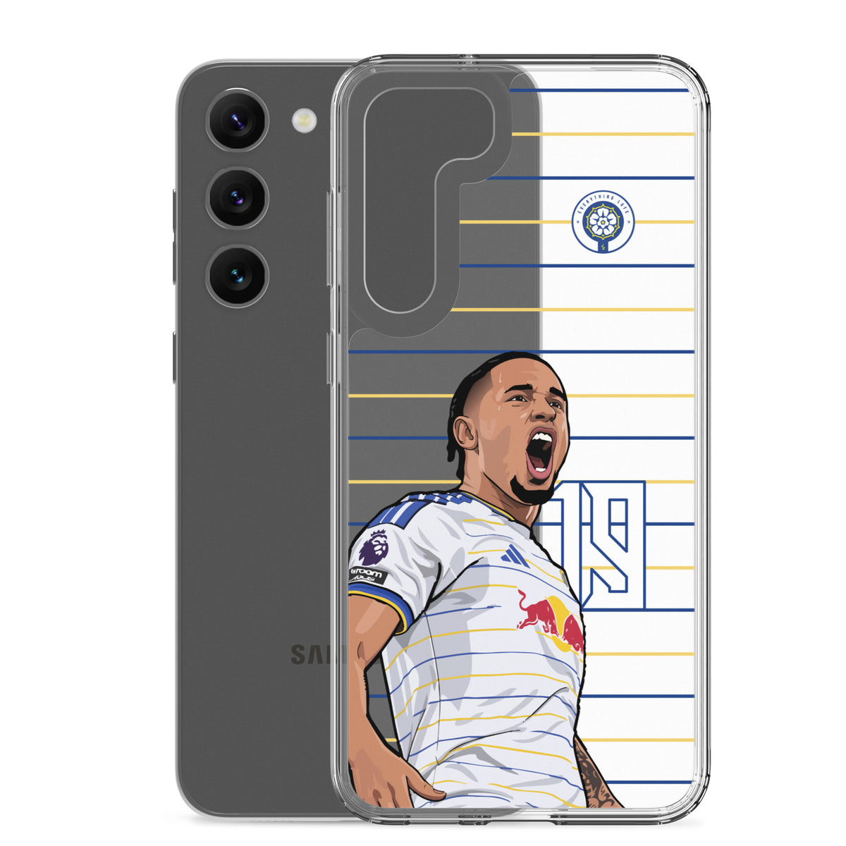 Clear Samsung phone case with Leeds United player graphic; back cover visible