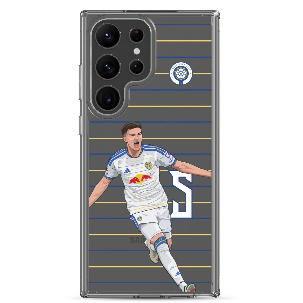 Transparent Samsung phone case with camera openings and Leeds player graphic on blue and yellow stripes