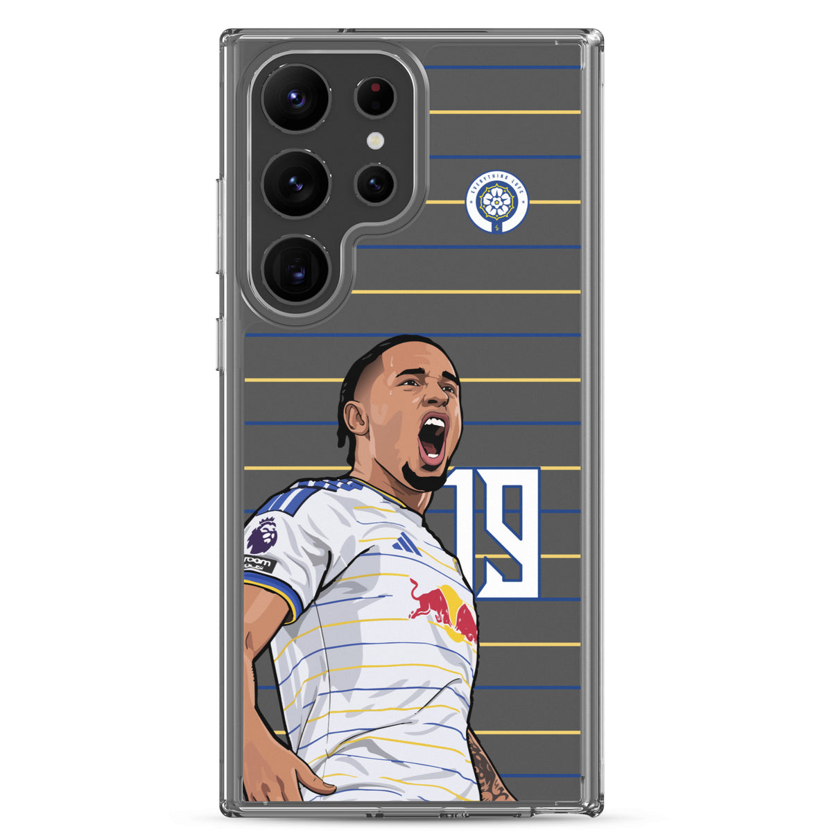 Clear Samsung phone case showing Leeds United No. 19 player celebration front view