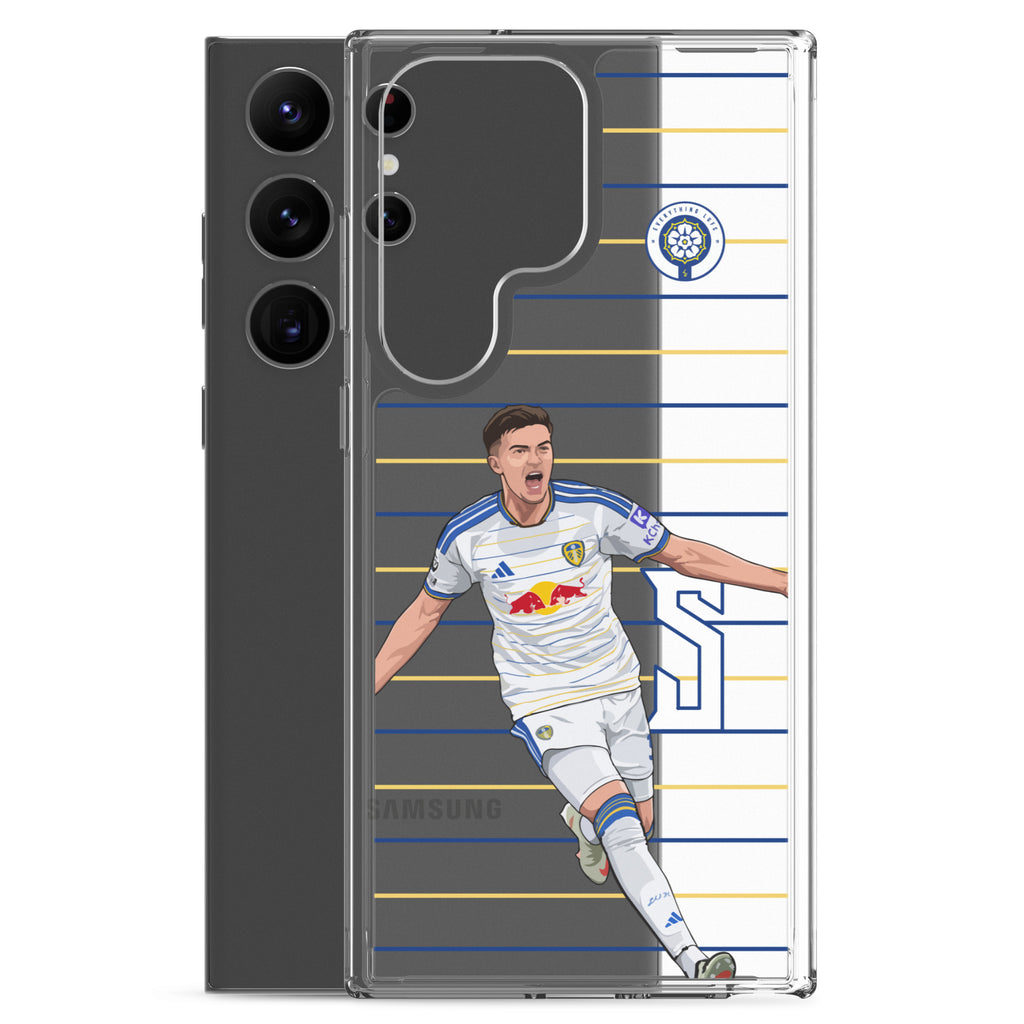Transparent Samsung phone case with raised back panel and Leeds player graphic on blue and yellow stripes