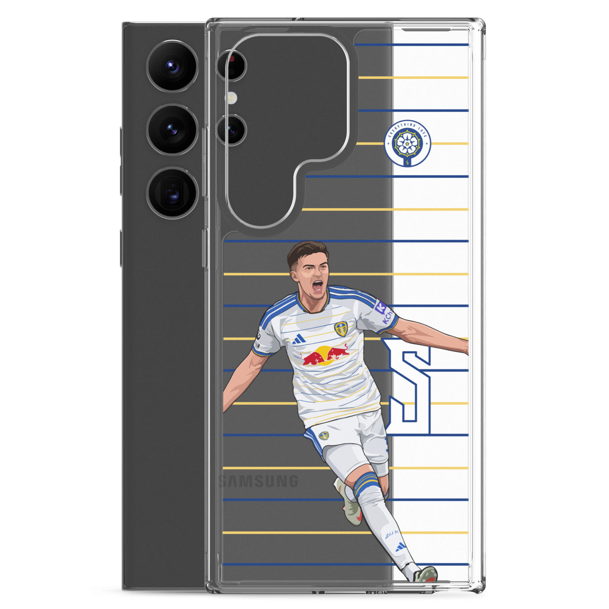 Transparent Samsung phone case with raised back panel and Leeds player graphic on blue and yellow stripes