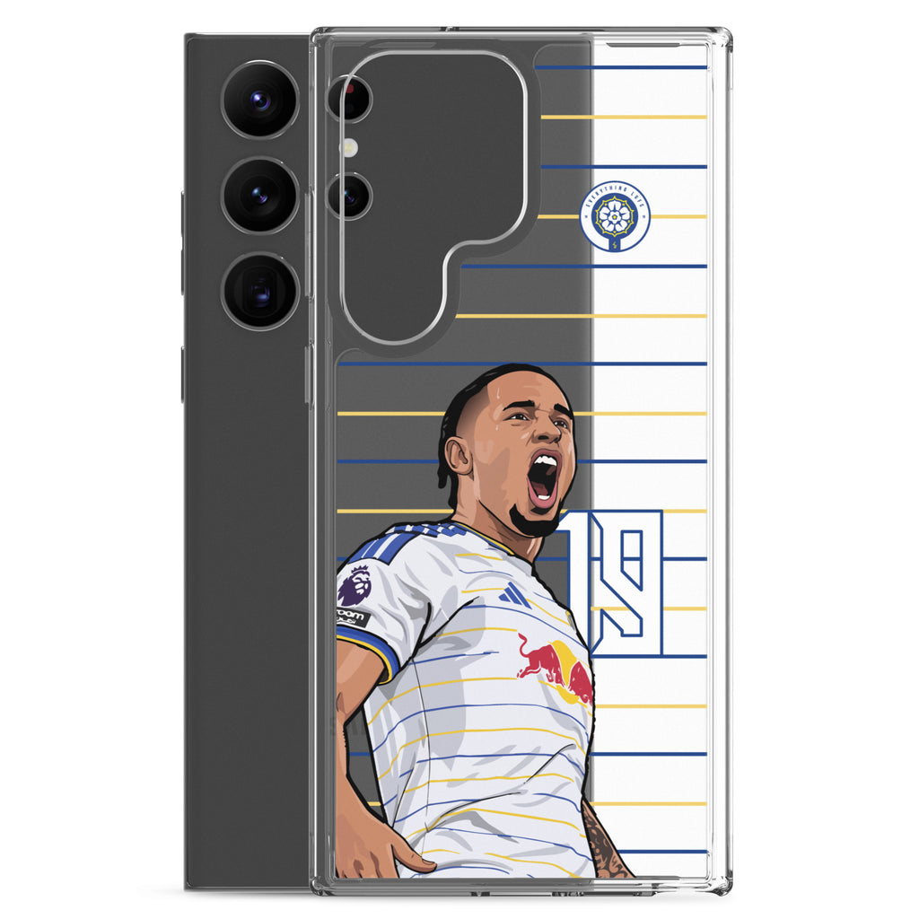 Clear Samsung phone case with Leeds United player graphic; back smartphone behind
