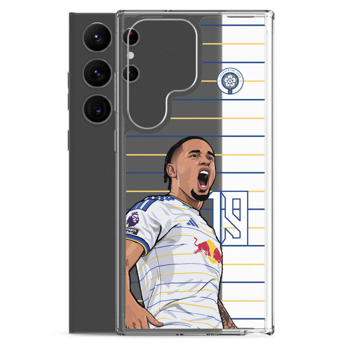 Clear Samsung phone case with Leeds United player graphic; back smartphone behind