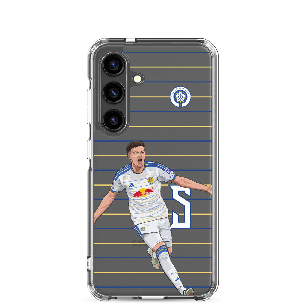 Clear Samsung phone case with Leeds crest and player pose, blue and gold stripes