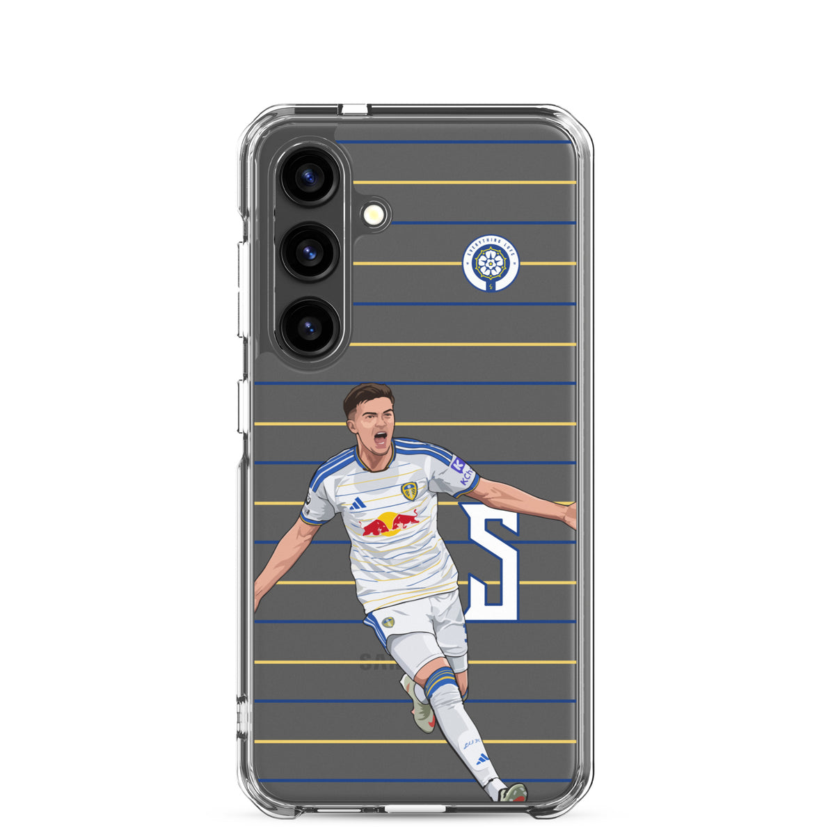 Clear Samsung phone case with Leeds crest and player pose, blue and gold stripes