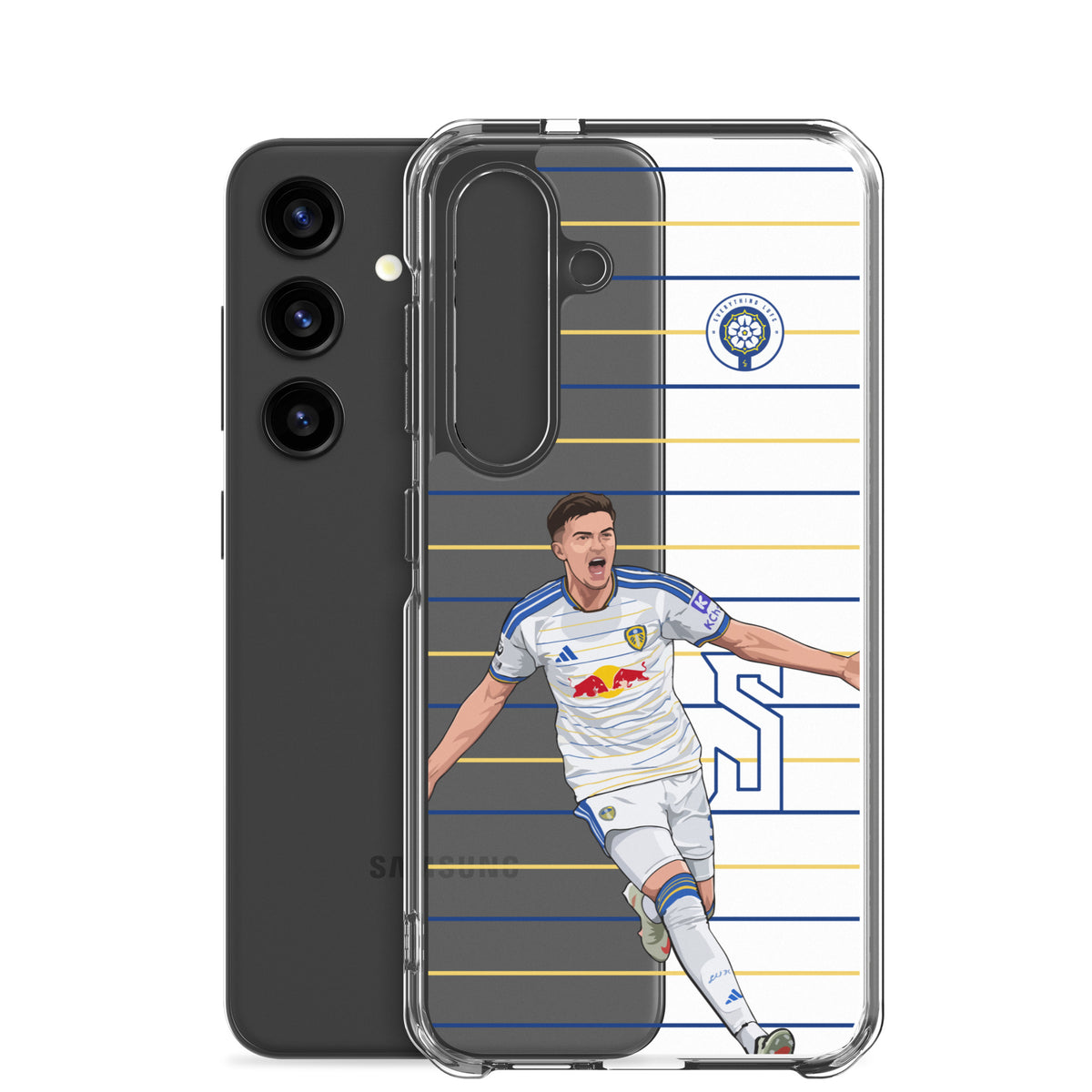 Clear Samsung phone case showing soccer player in white kit over blue and gold lines