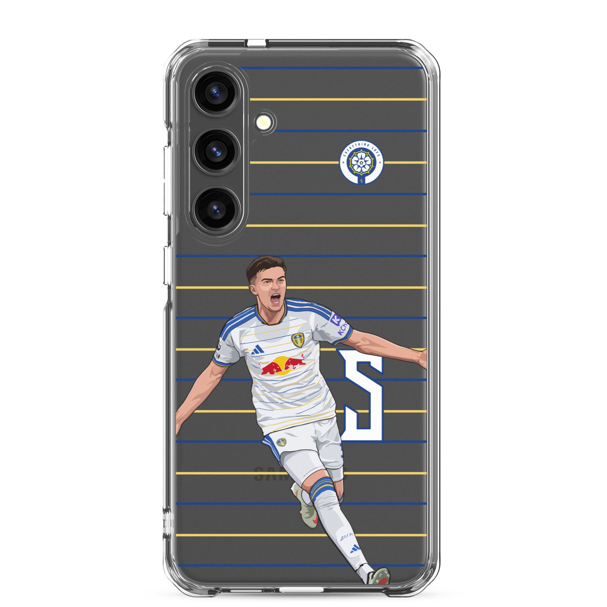 Transparent Samsung phone case with Leeds player graphic and crest on blue and yellow stripe pattern