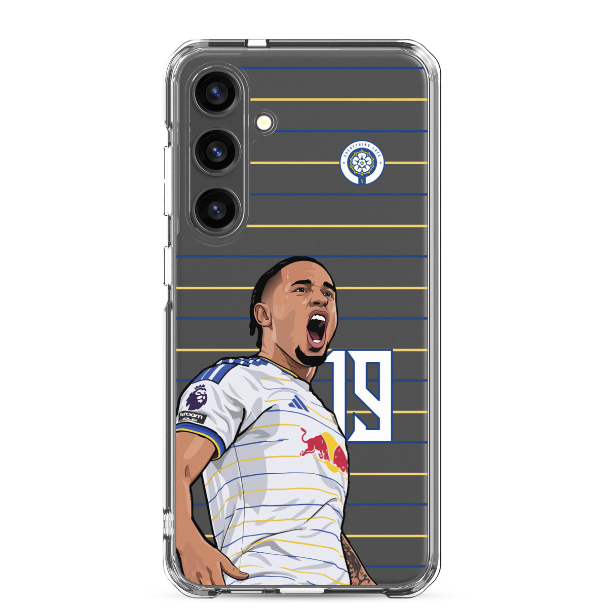 Clear phone case for Samsung® with Leeds United themed Noah Okafor celebration graphic