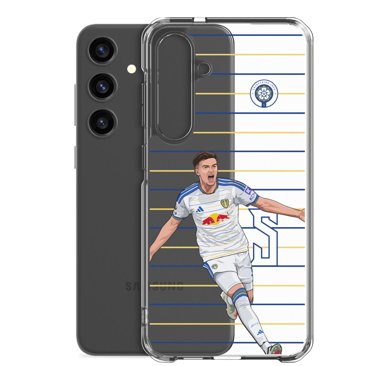 Transparent Samsung phone case with back cameras and Leeds player graphic on blue and yellow striped design