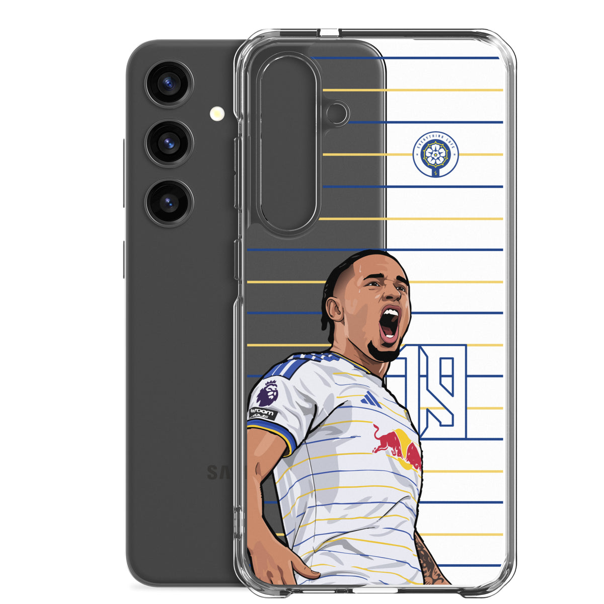 Clear phone case for Samsung® with Leeds United Noah Okafor celebration graphic, back and front