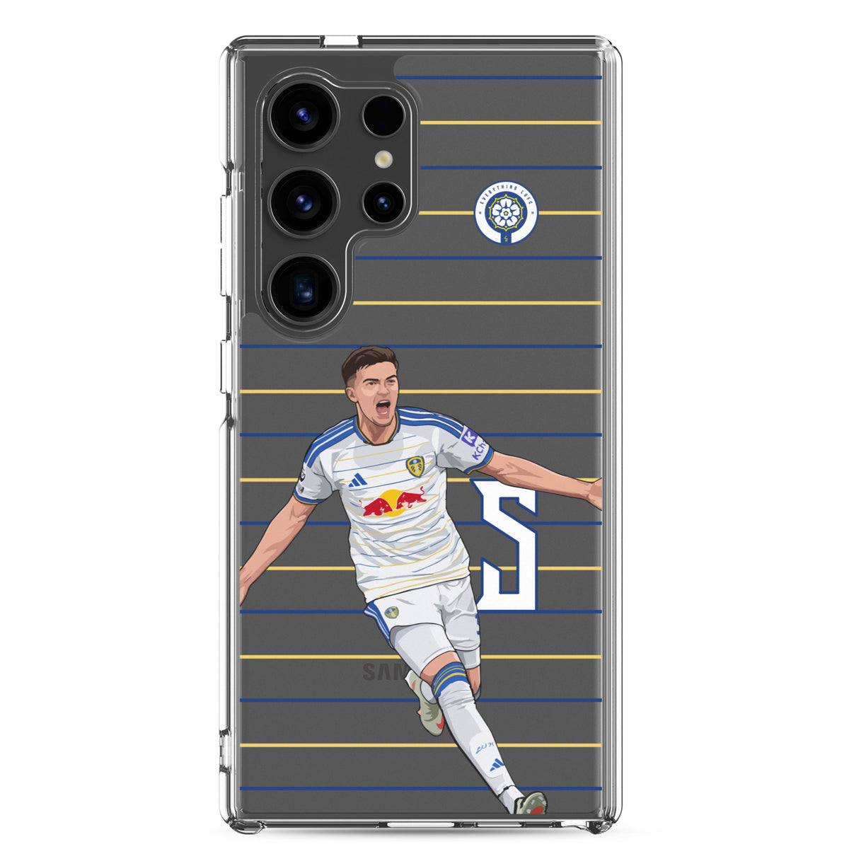 Clear Samsung phone case with Leeds crest and soccer player graphic, lined stripes