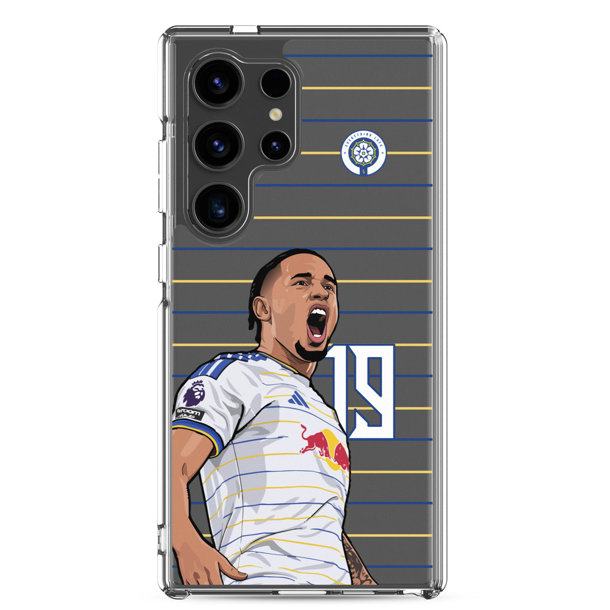 Clear phone case for Samsung® with Leeds United themed Noah Okafor celebration graphic, front view
