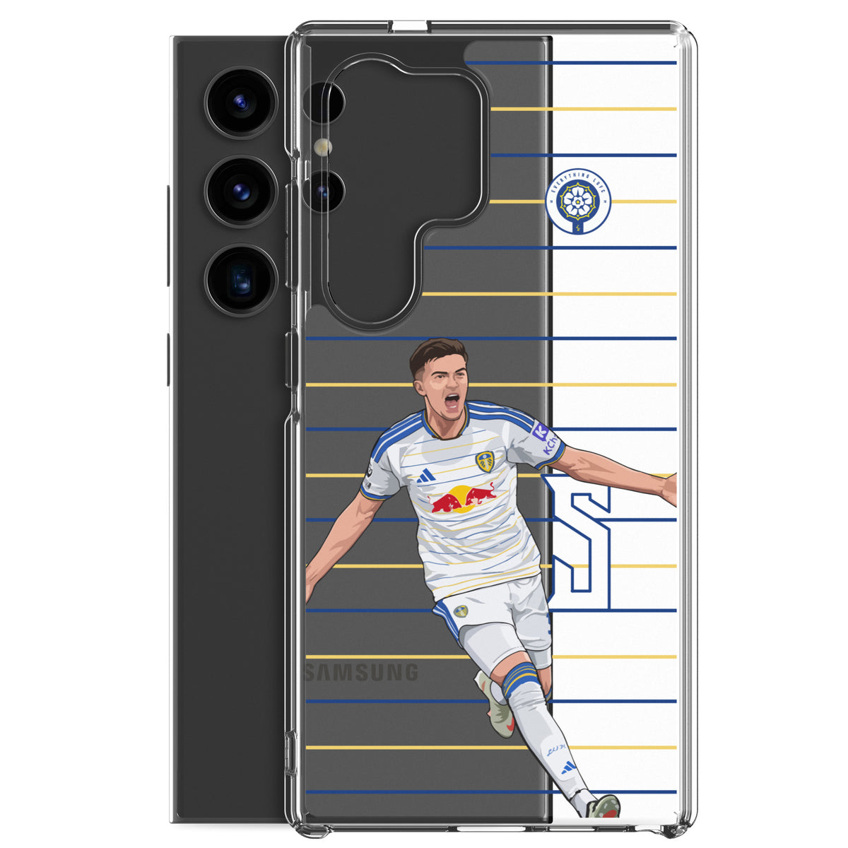 Clear Samsung phone case with Leeds player graphic, blue and gold stripe background