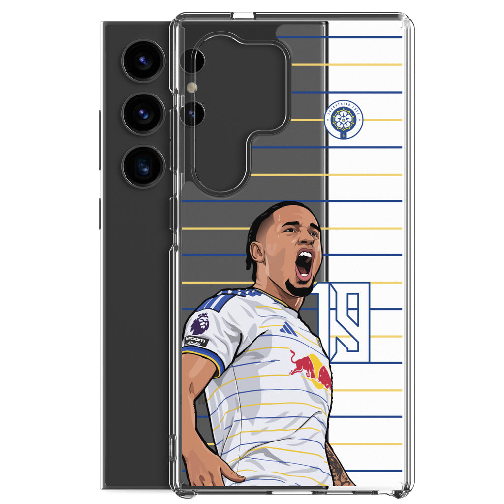Clear phone case for Samsung® with Leeds United Noah Okafor graphic over dark phone, angled