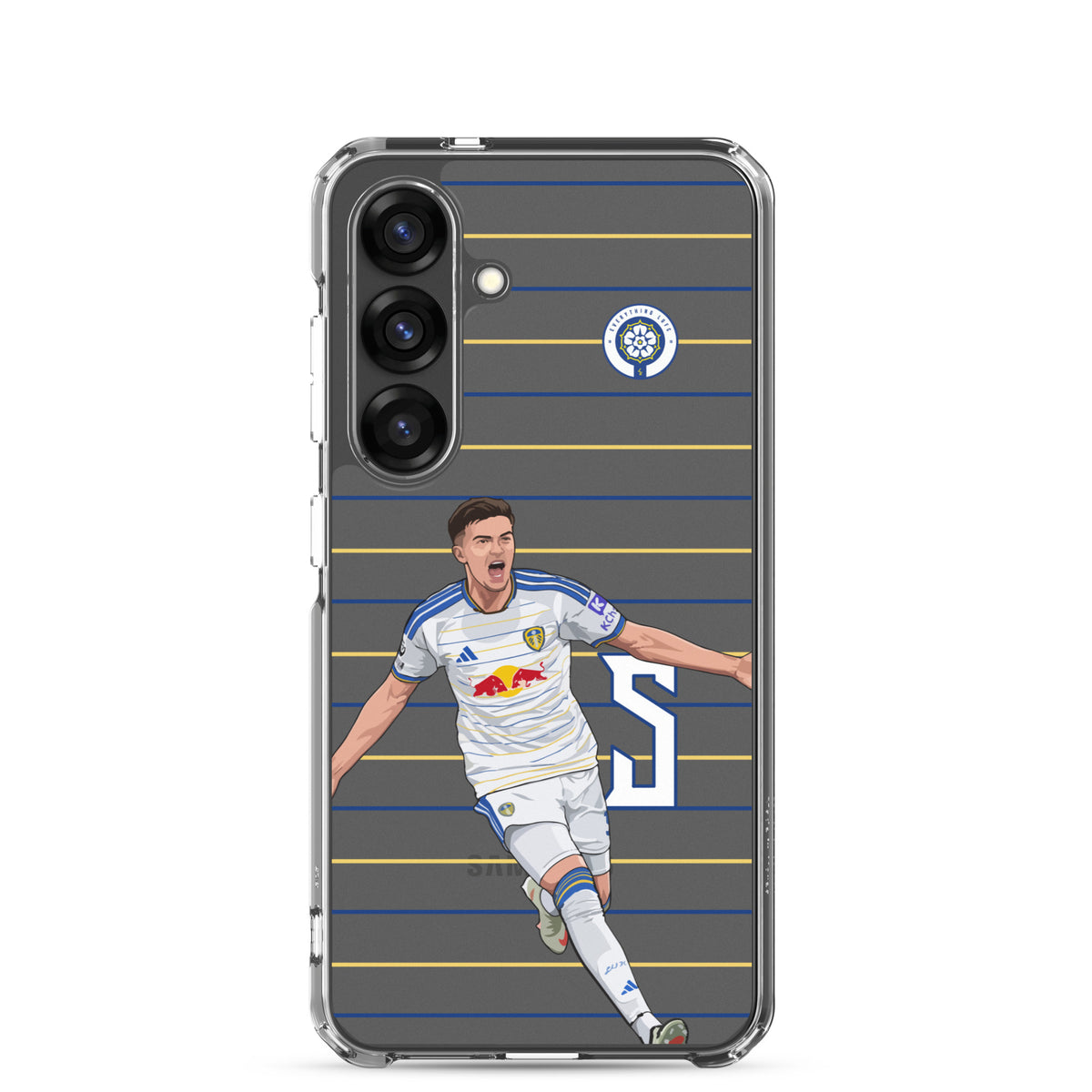 Transparent Samsung phone case with Leeds player graphic on blue and yellow stripe design