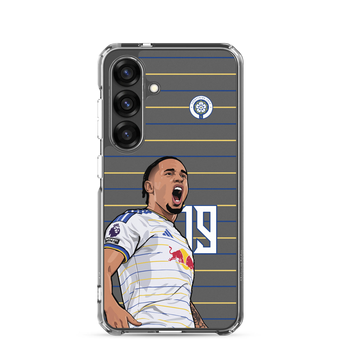 Clear Samsung phone case featuring Leeds United No. 19 player celebration design