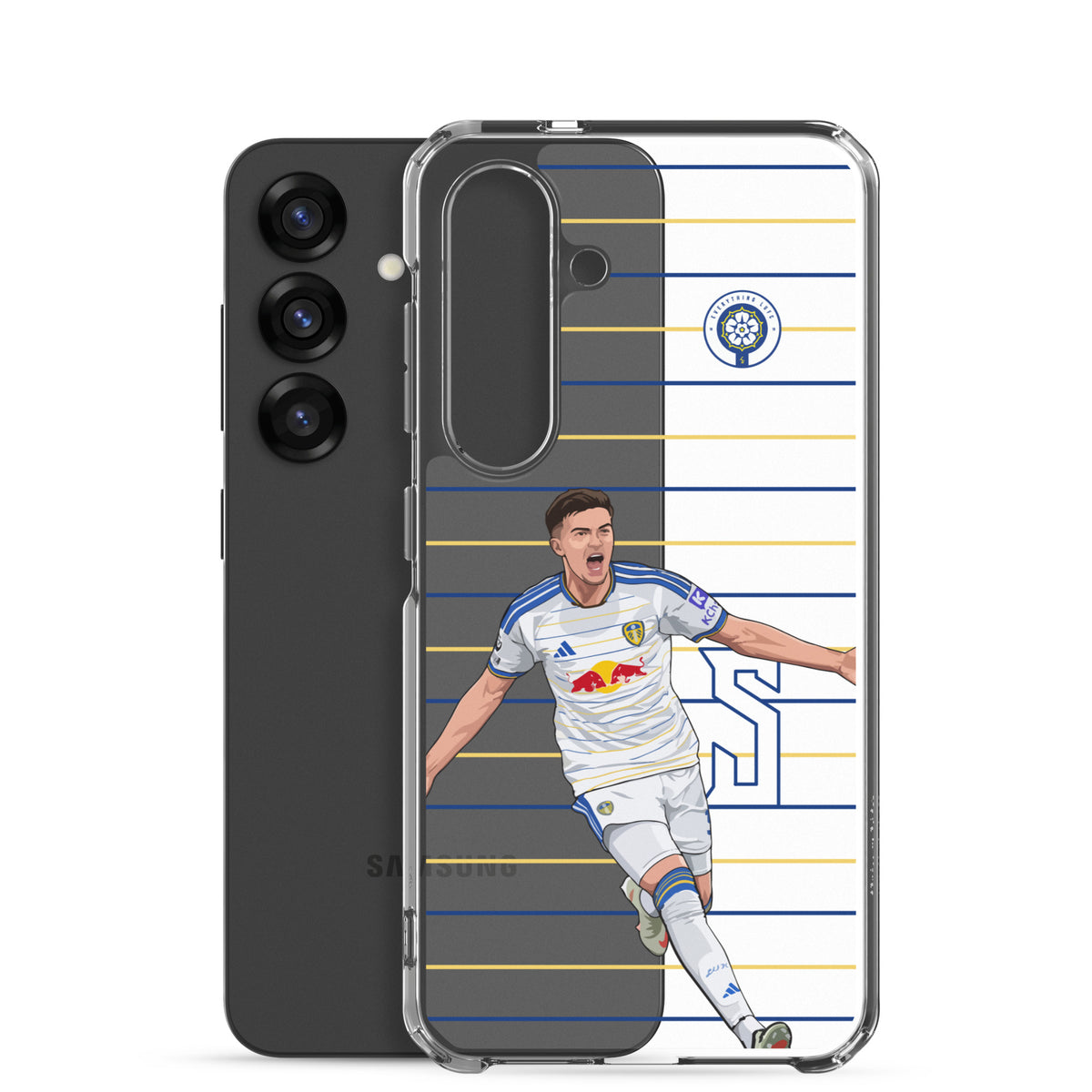 Transparent Samsung phone case with back cameras and Leeds player graphic on blue and yellow stripes