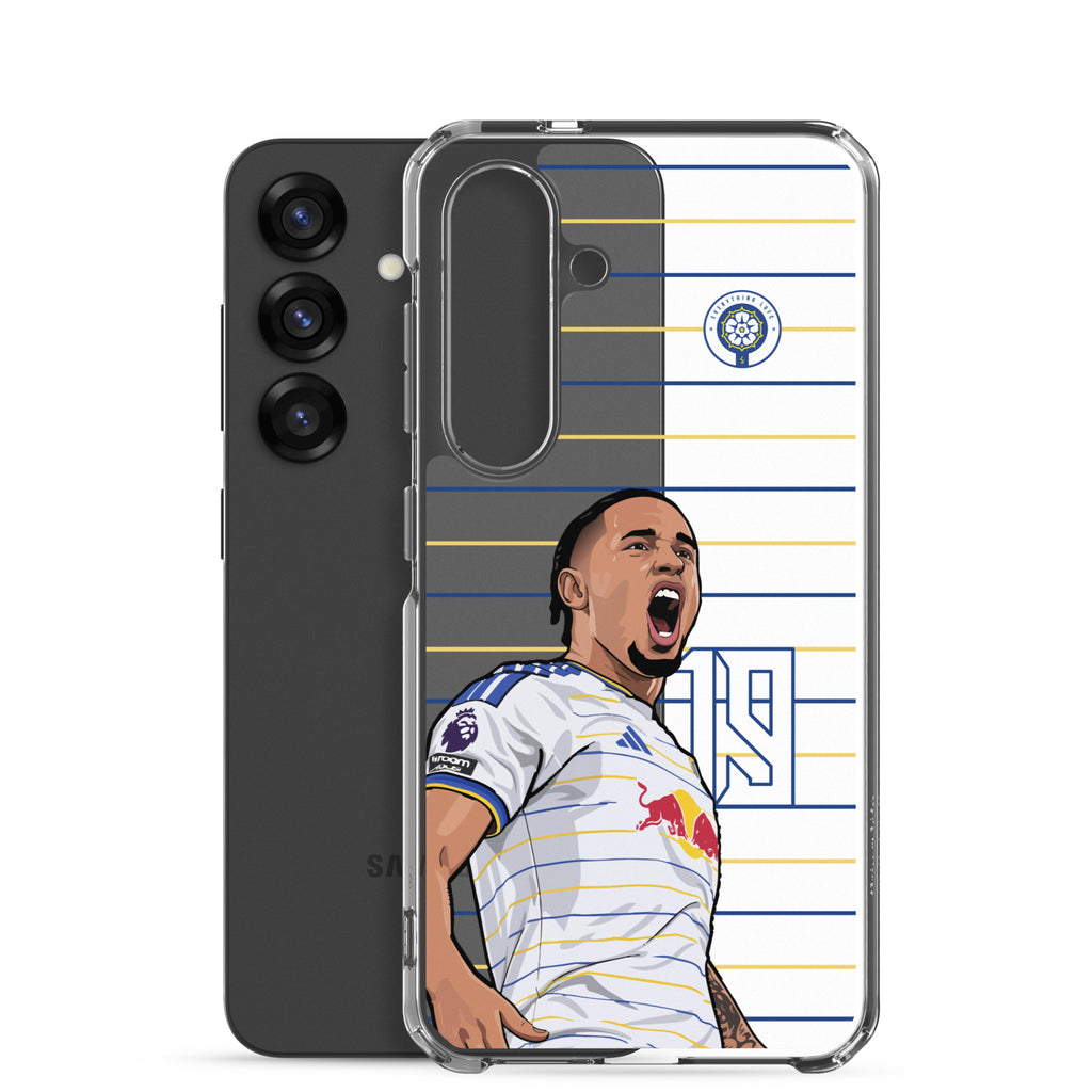 Clear Samsung phone case with Leeds United player graphic; raised camera protection