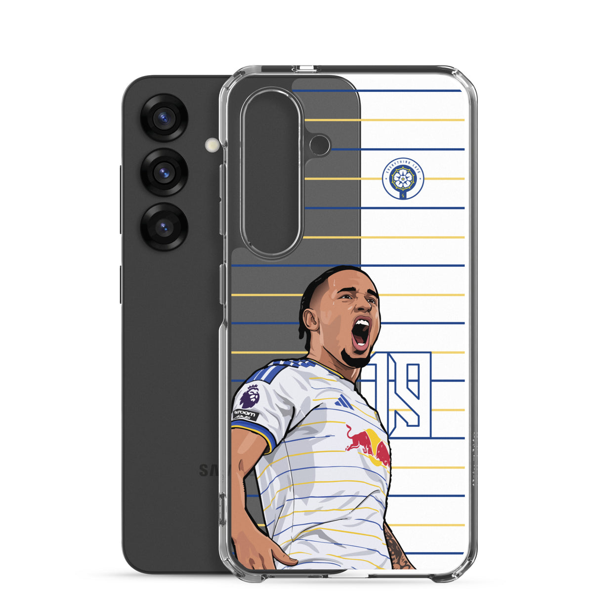 Clear Samsung phone case with Leeds United player graphic; raised camera protection