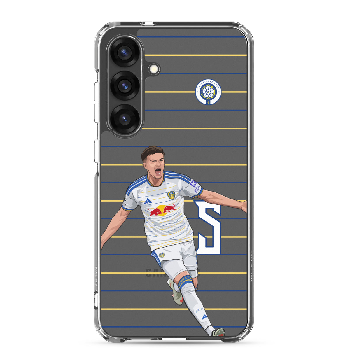 Samsung® clear phone case front with player pose artwork and club crest on stripes