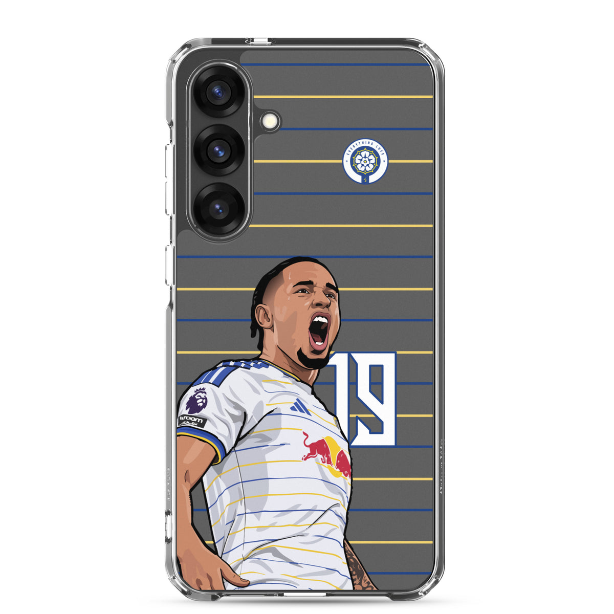 Clear phone case front with soccer player celebration graphic, blue/yellow lines and crest