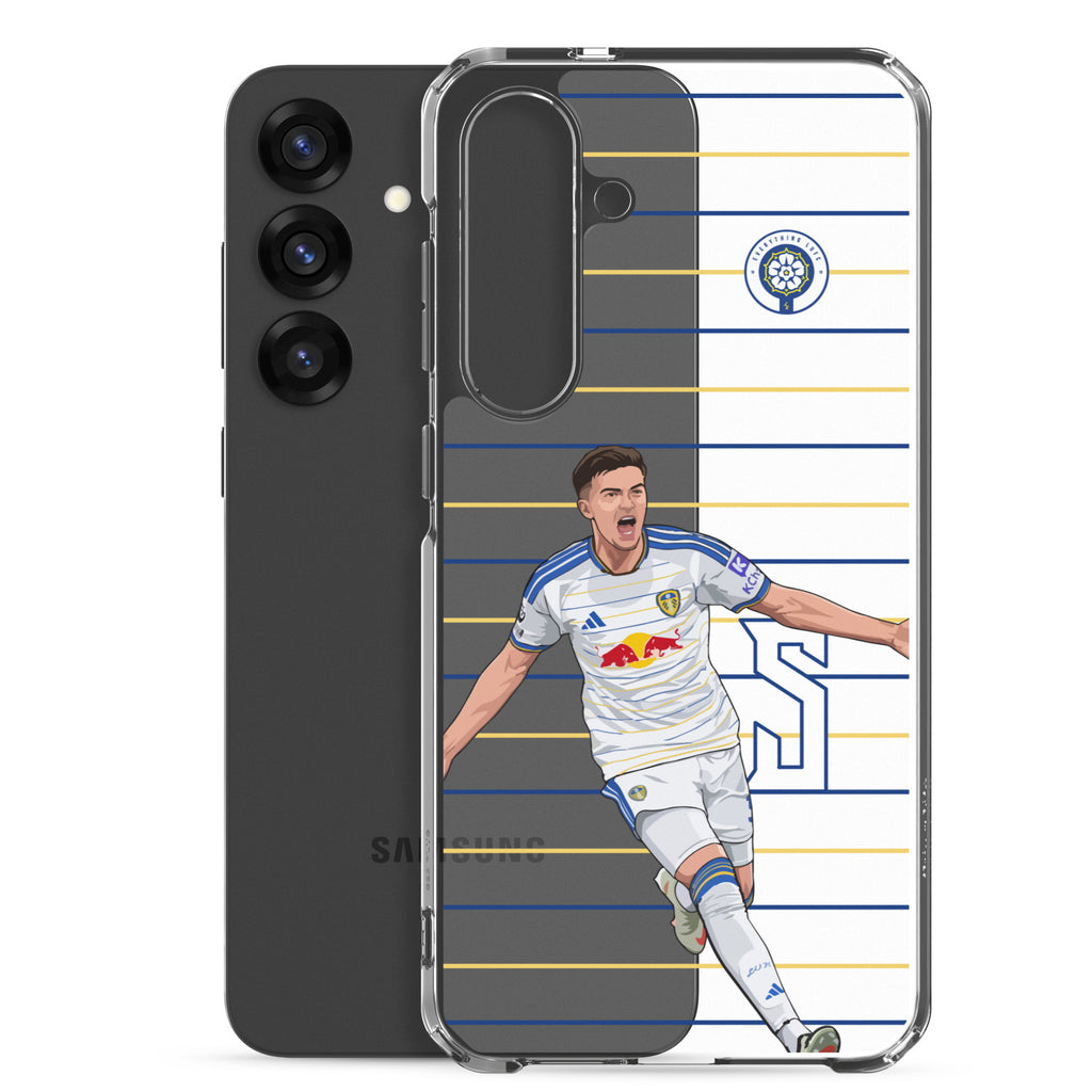 Samsung® clear phone case side angled view showing player graphic and stripe pattern