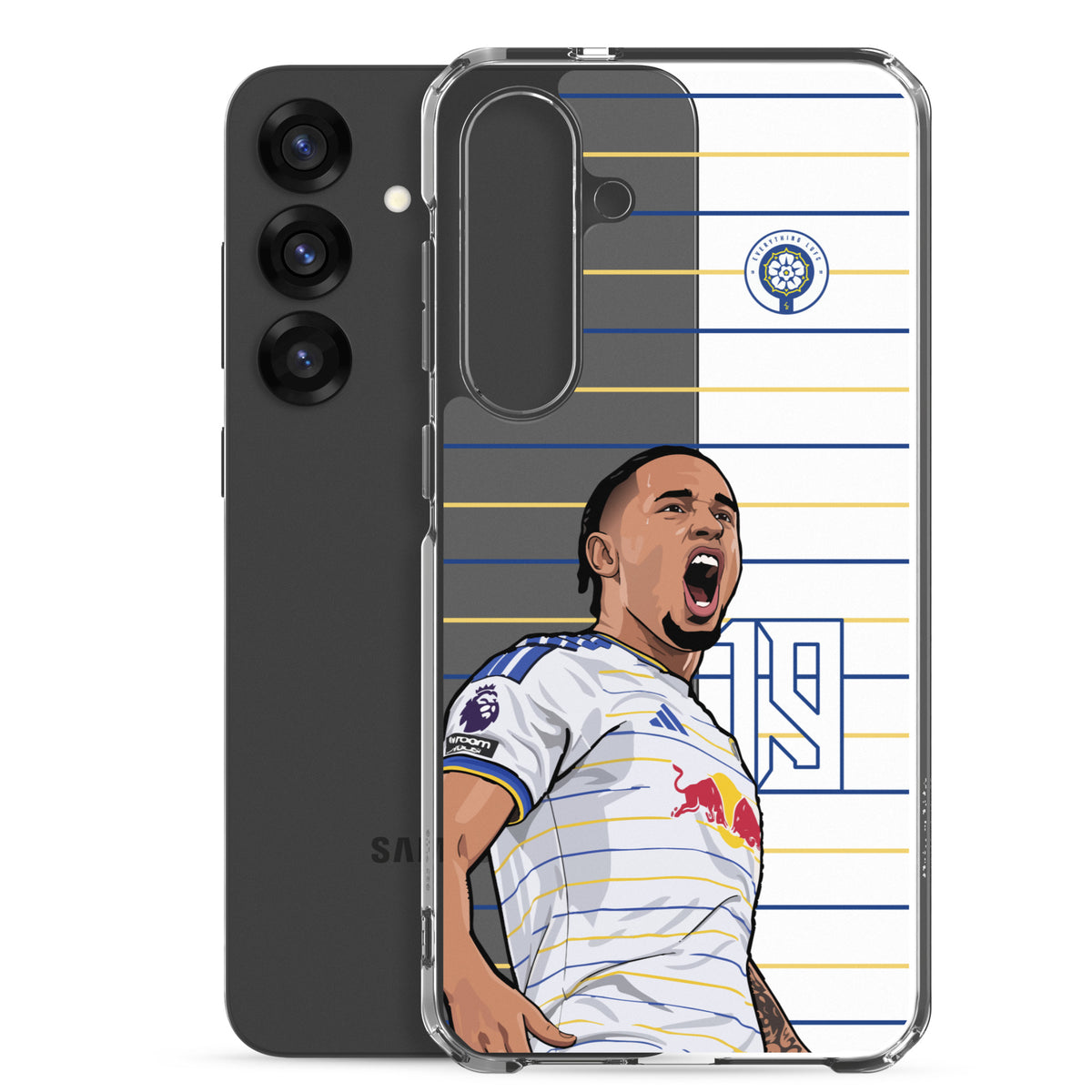 Clear phone case with side and back view showing soccer player celebration art and team crest