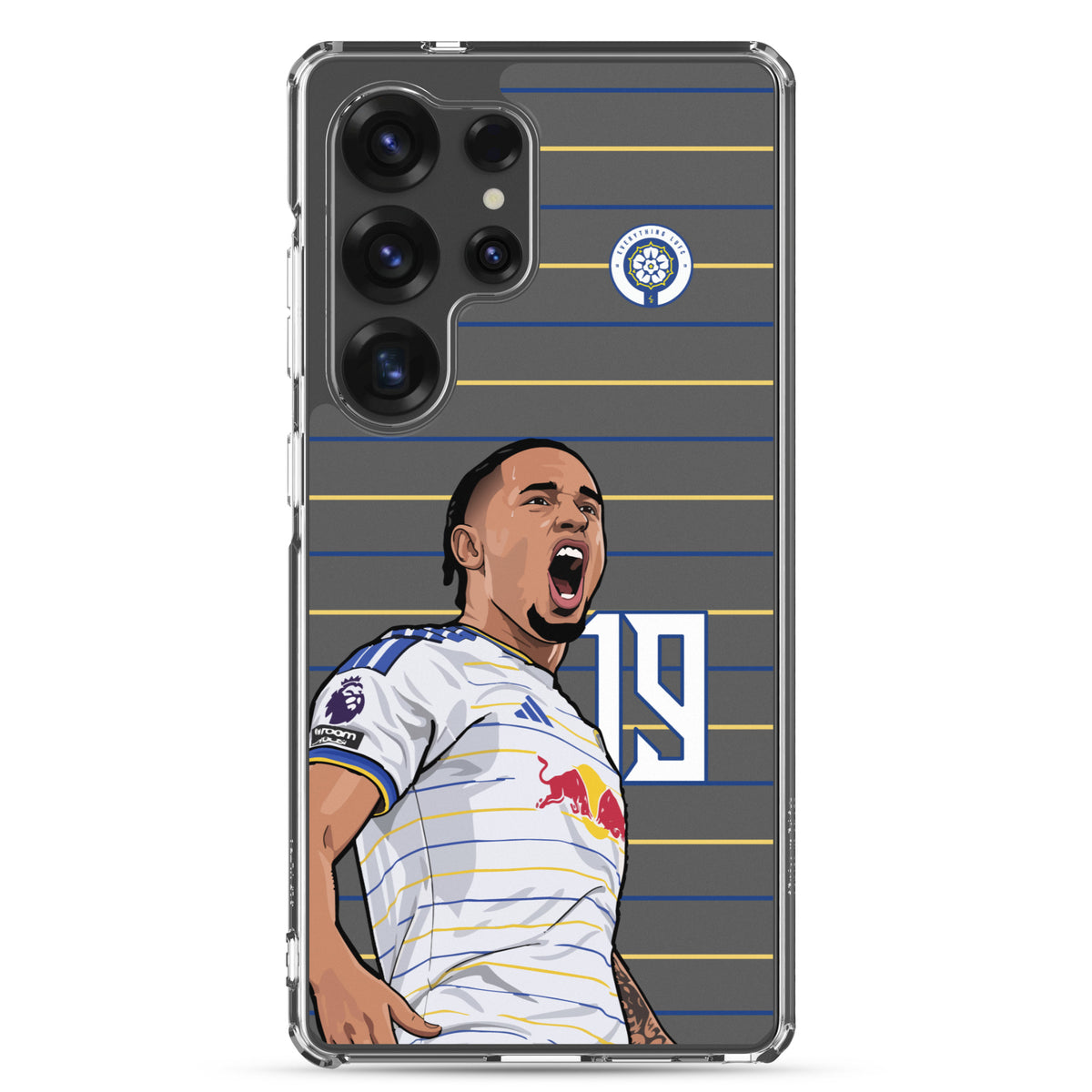 Clear Samsung phone case with Leeds United No. 19 player celebration graphic