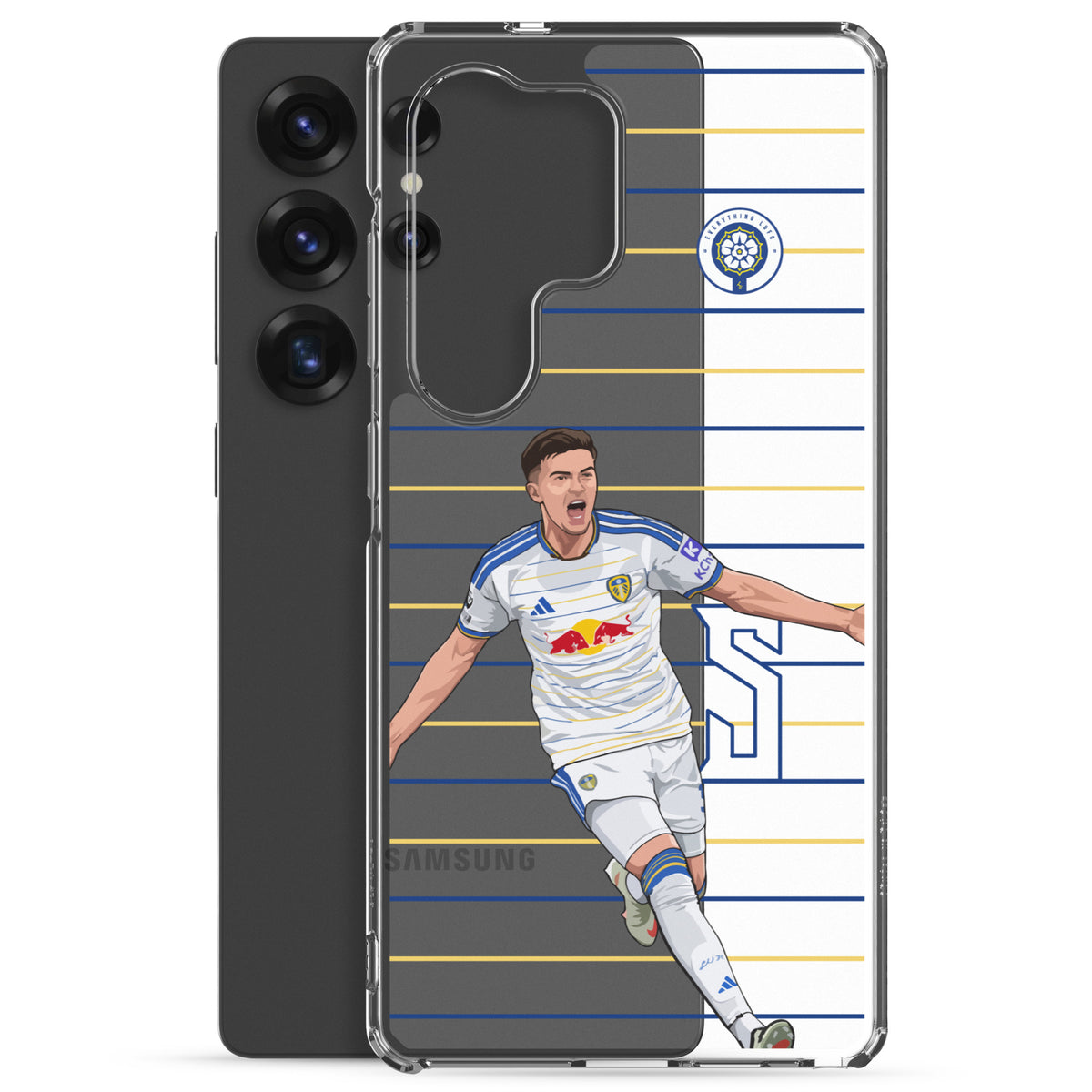 Clear Samsung phone case with rear camera cutouts and Leeds player graphic on stripes