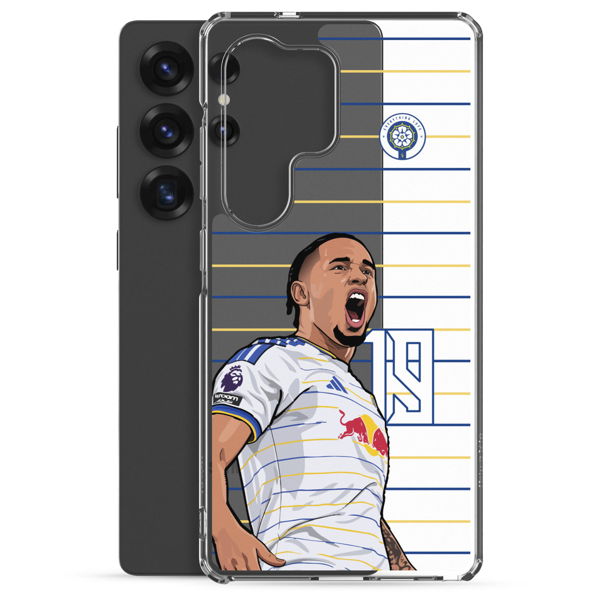 Clear Samsung phone case with Leeds United player graphic; front and back shown