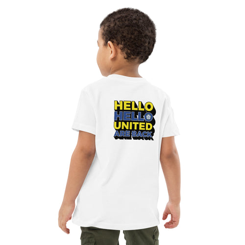 Kids white T-shirt with back 'Hello Hello United Are Back' graphic in yellow and green