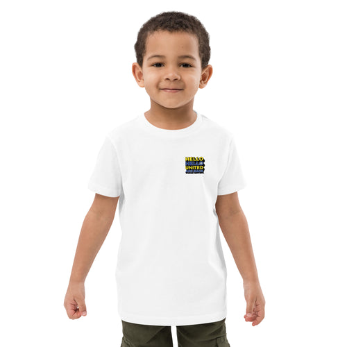 Kids white T-shirt with small colorful 'Hello Hello United Are Back' front graphic