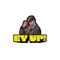 Yellow "EY UP!" sticker featuring an illustrated man tipping his cap