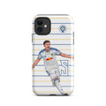Tough iPhone case with blue-and-yellow stripes and a soccer celebration player graphic