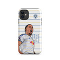 Tough iPhone case with white-and-blue stripes, Leeds United crest, player celebration graphic